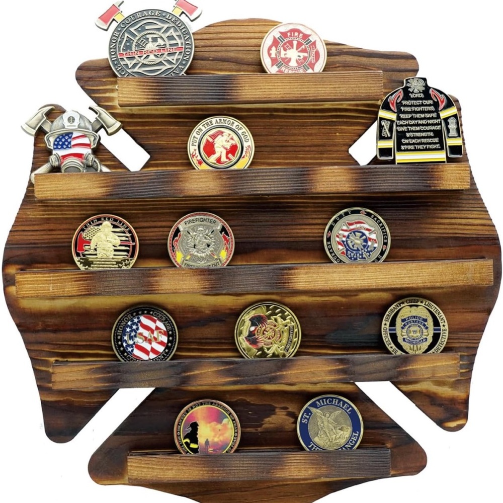 New Firefighter Challenge Coin Display Wall Mount Shelf Wooden Burnt Maltese Cro